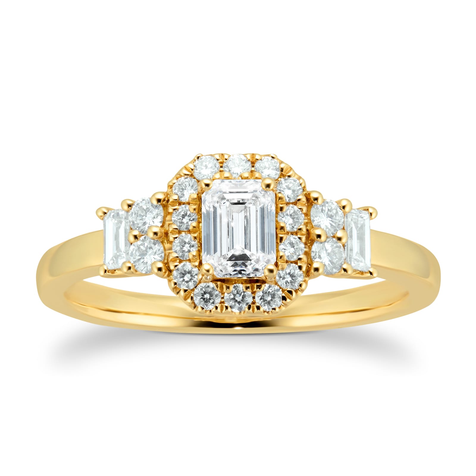 18ct Yellow Gold 0.75cttw Diamond Emerald Cut Halo Ring - Ring Size P