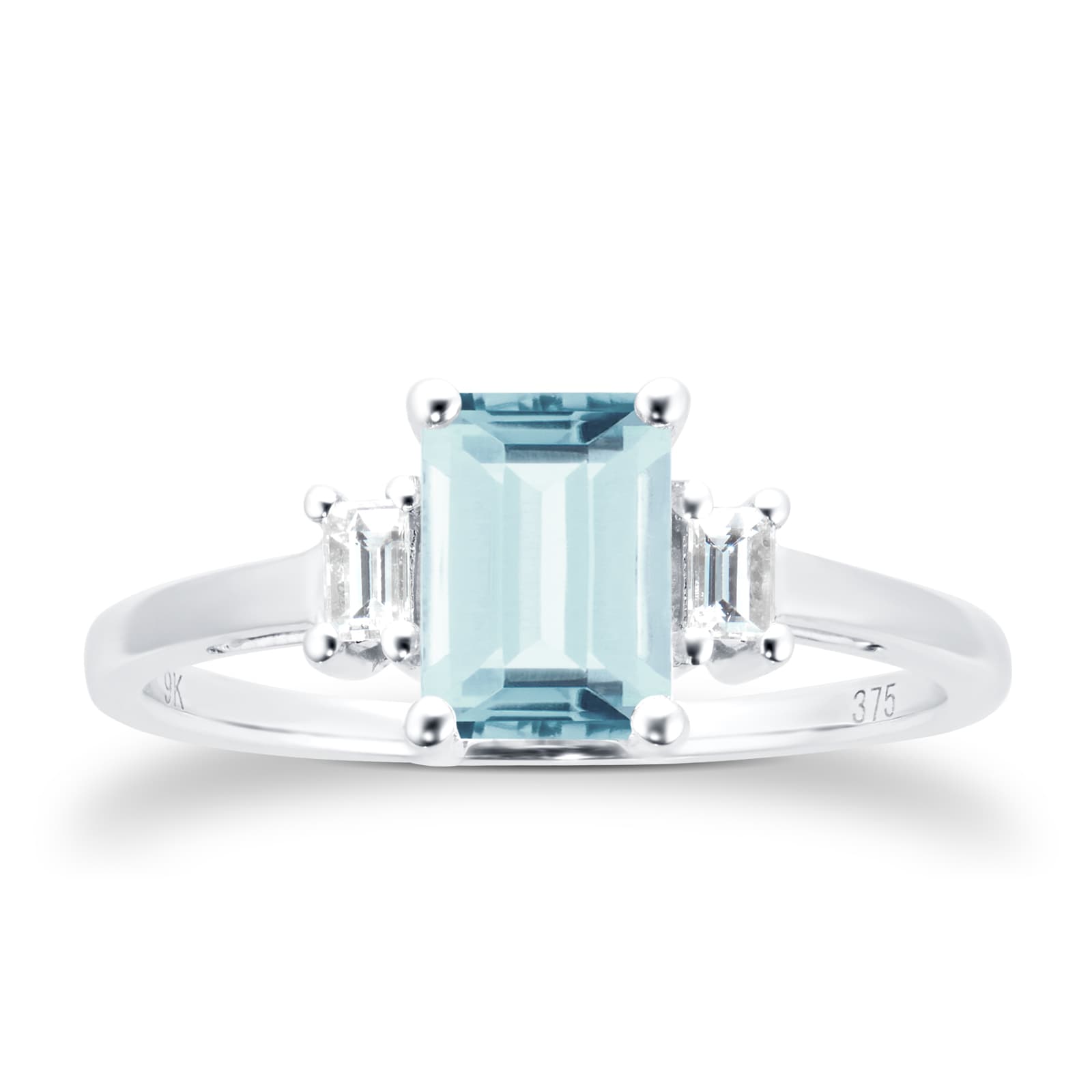 9ct White Gold Aquamarine & 0.12cttw Diamond Emerald Cut Ring - Ring Size Q