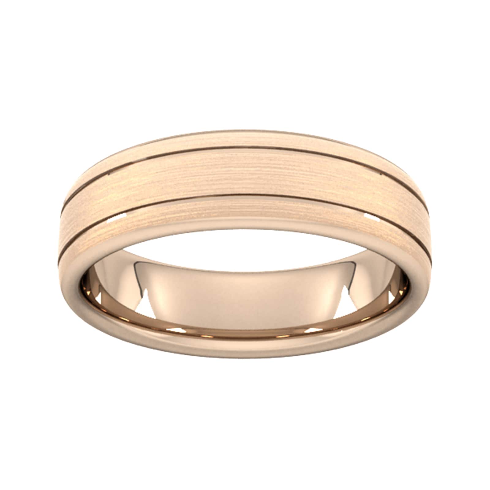6mm Slight Court Heavy Matt Finish With Double Grooves Wedding Ring In 18 Carat Rose Gold - Ring Size H