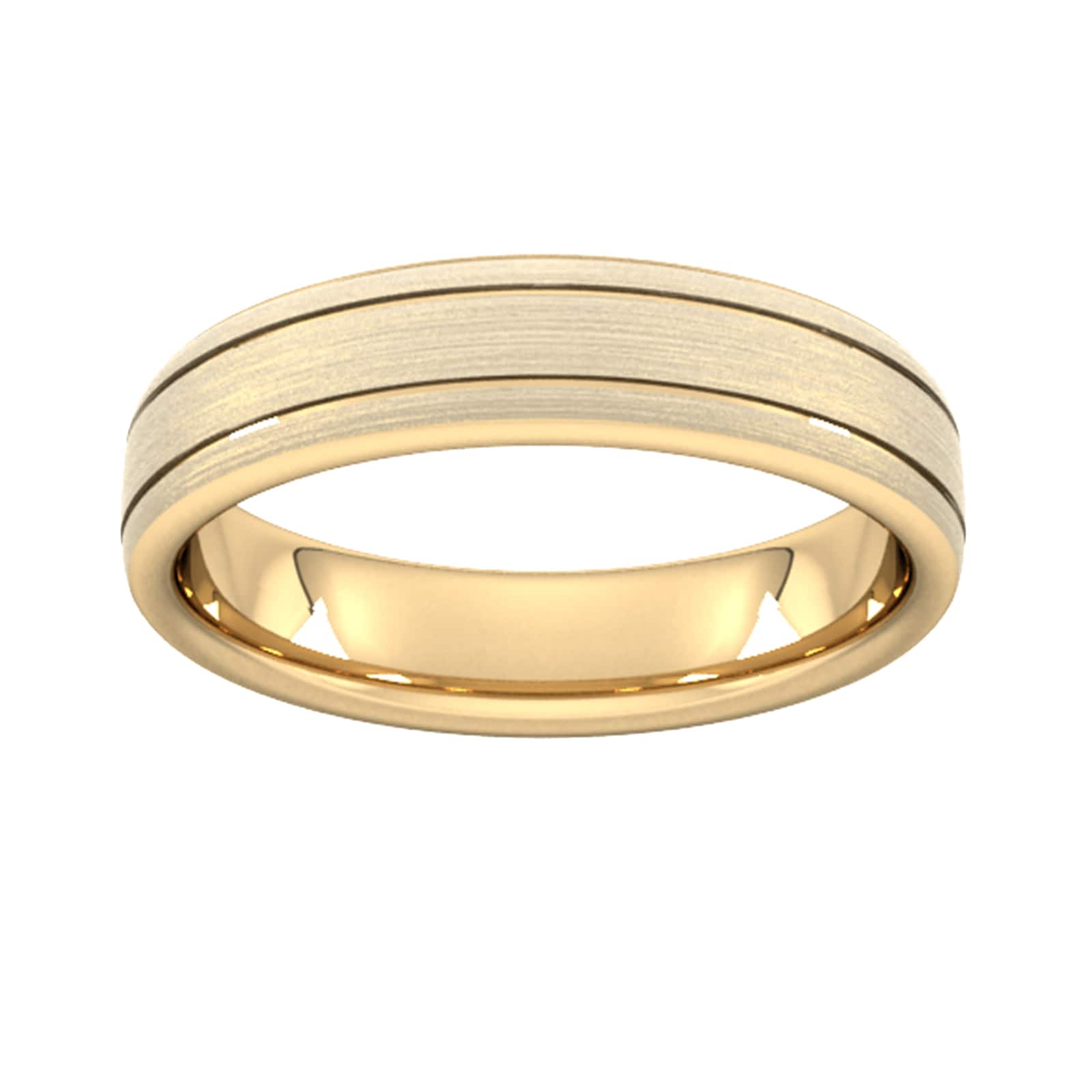 5mm D Shape Standard Matt Finish With Double Grooves Wedding Ring In 18 Carat Yellow Gold - Ring Size J