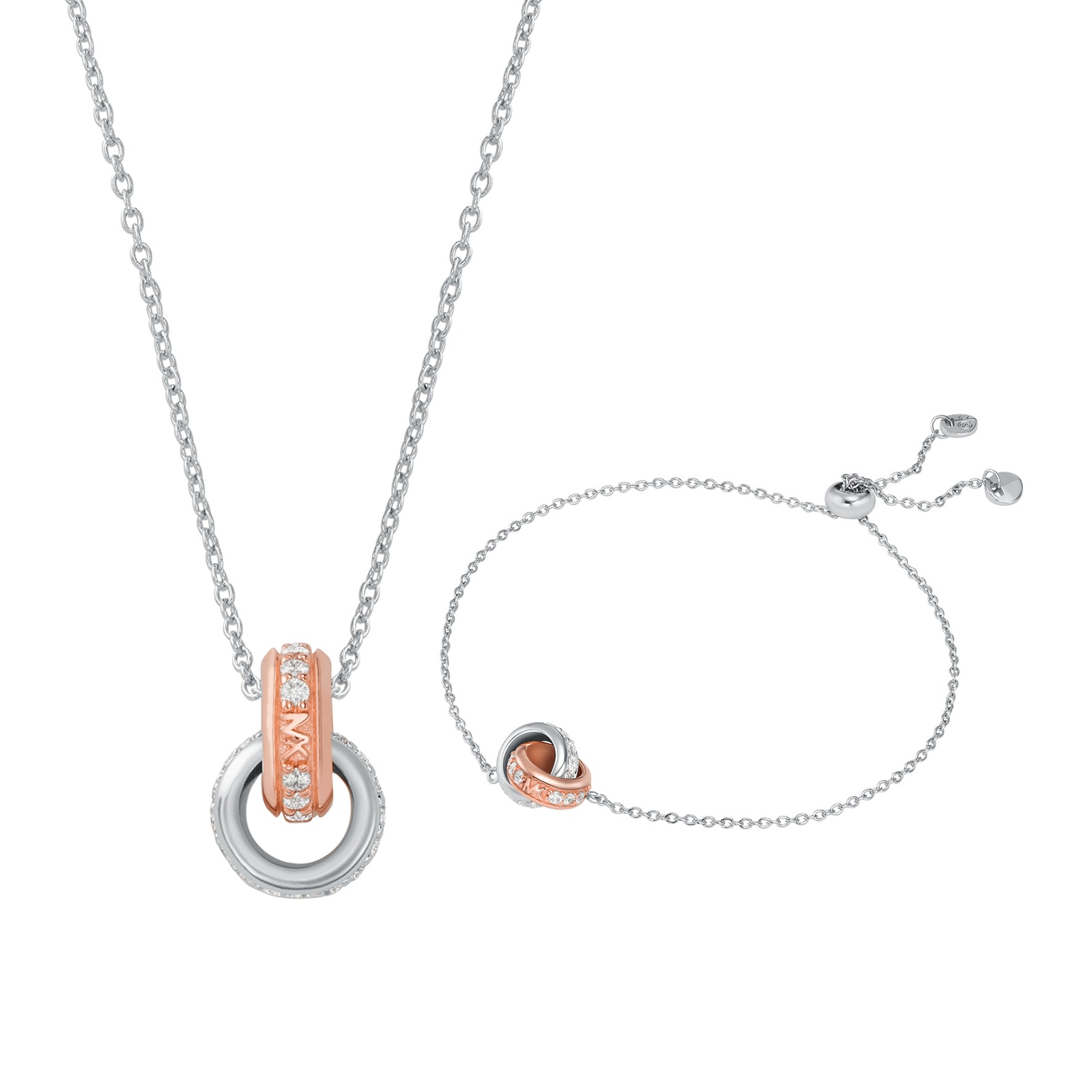 Two Tone Sterling Silver Interlocking Ring Necklace & Bracelet Set