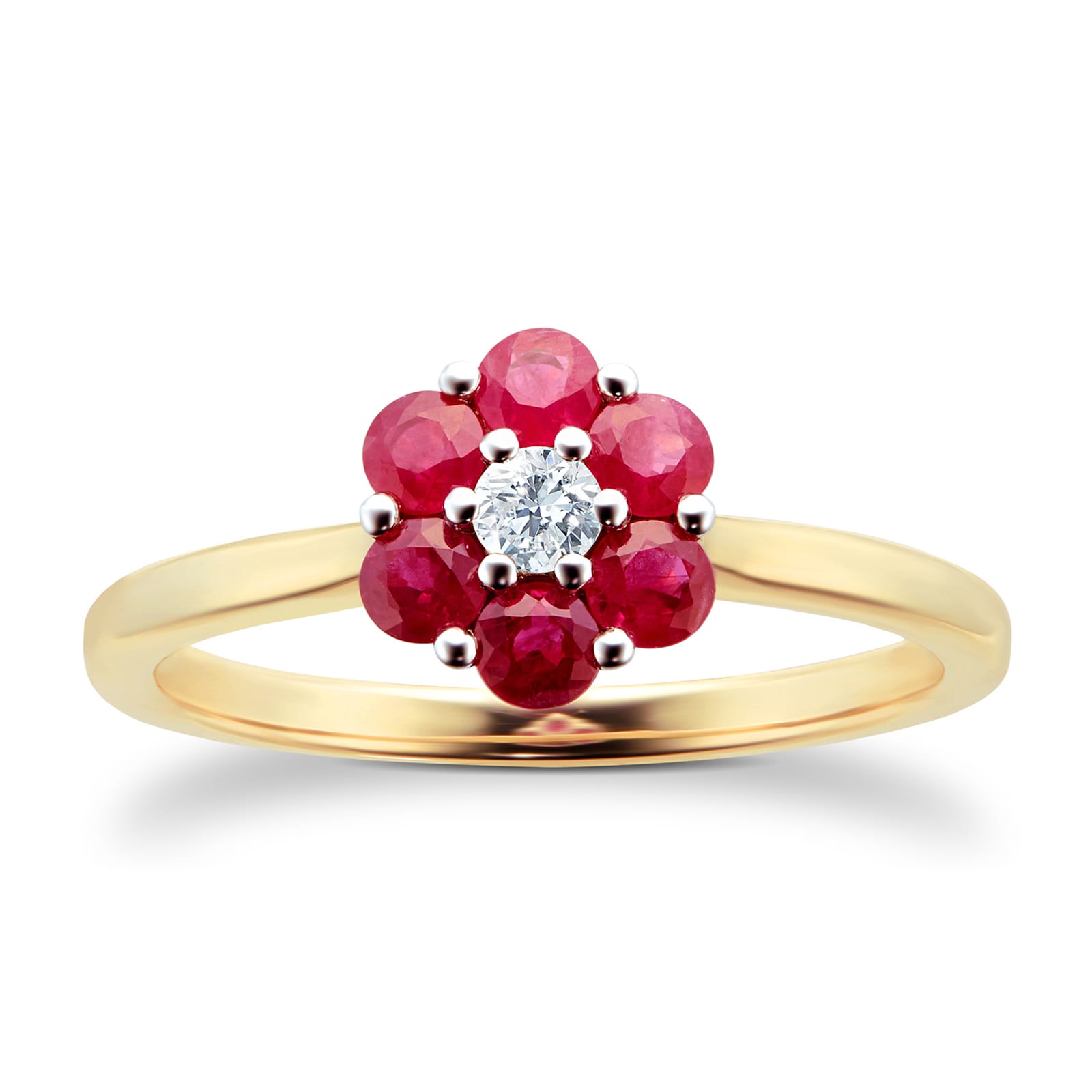 9ct Yellow Gold Ruby & Diamond Cluster Ring - Ring Size P.5