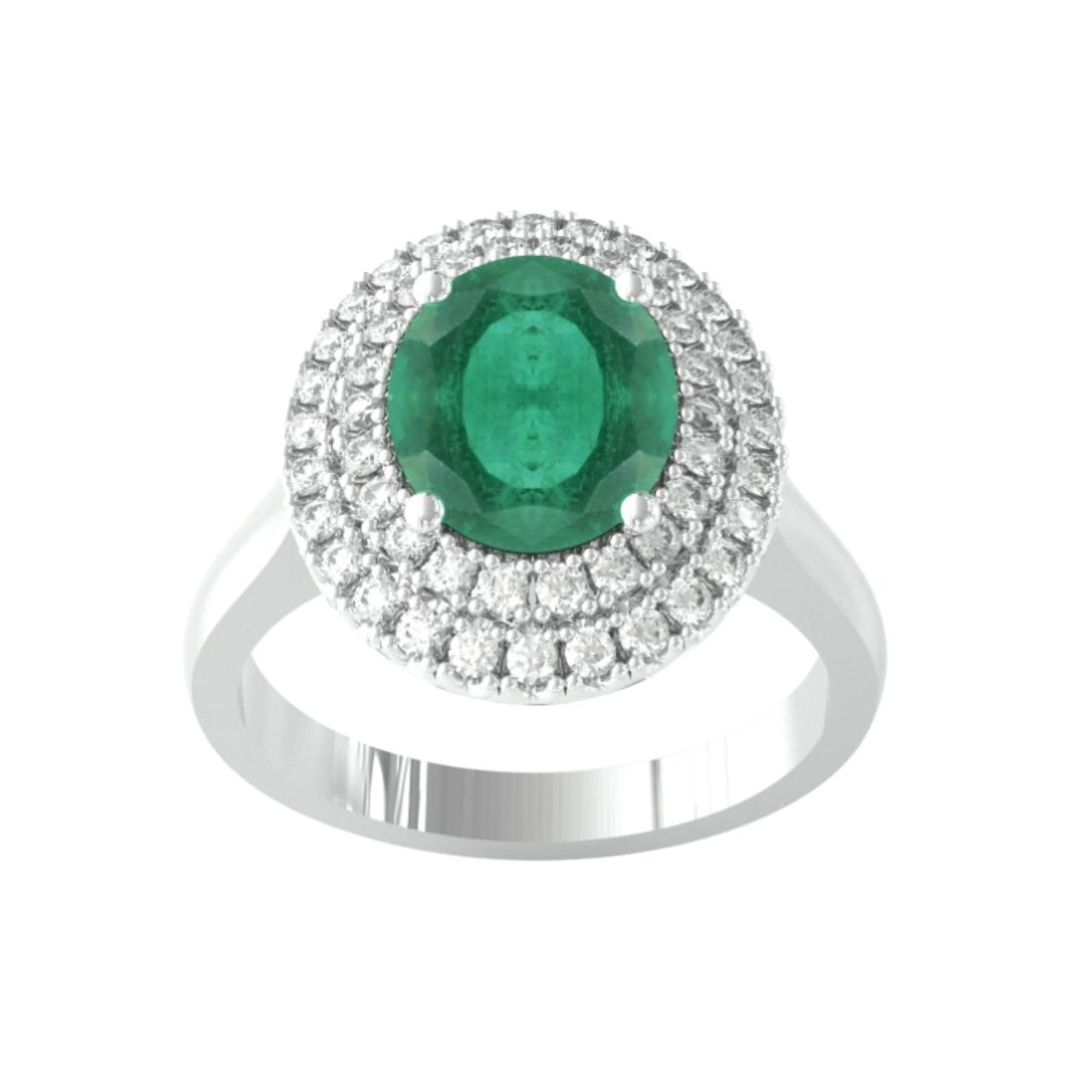 18ct White Gold Emerald & Diamond Double Halo Cluster Ring - Ring Size M.5