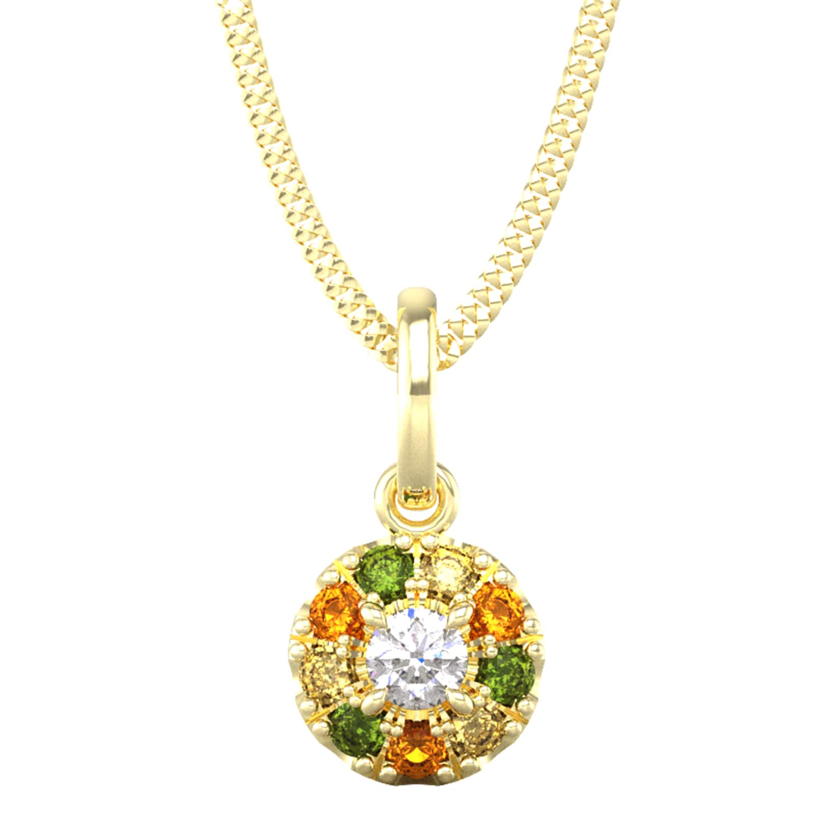 9ct Yellow Gold Diamond & Yellow, Orange, Green Sapphire Halo Pendant & Chain