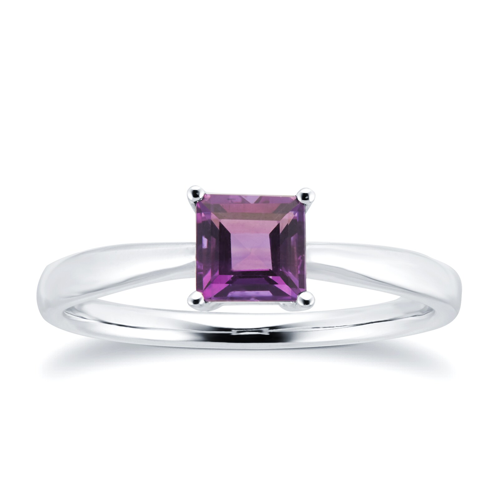 9ct White Gold 4 Claw Square Amethyst 5mm x 5mm Ring- Ring Size I