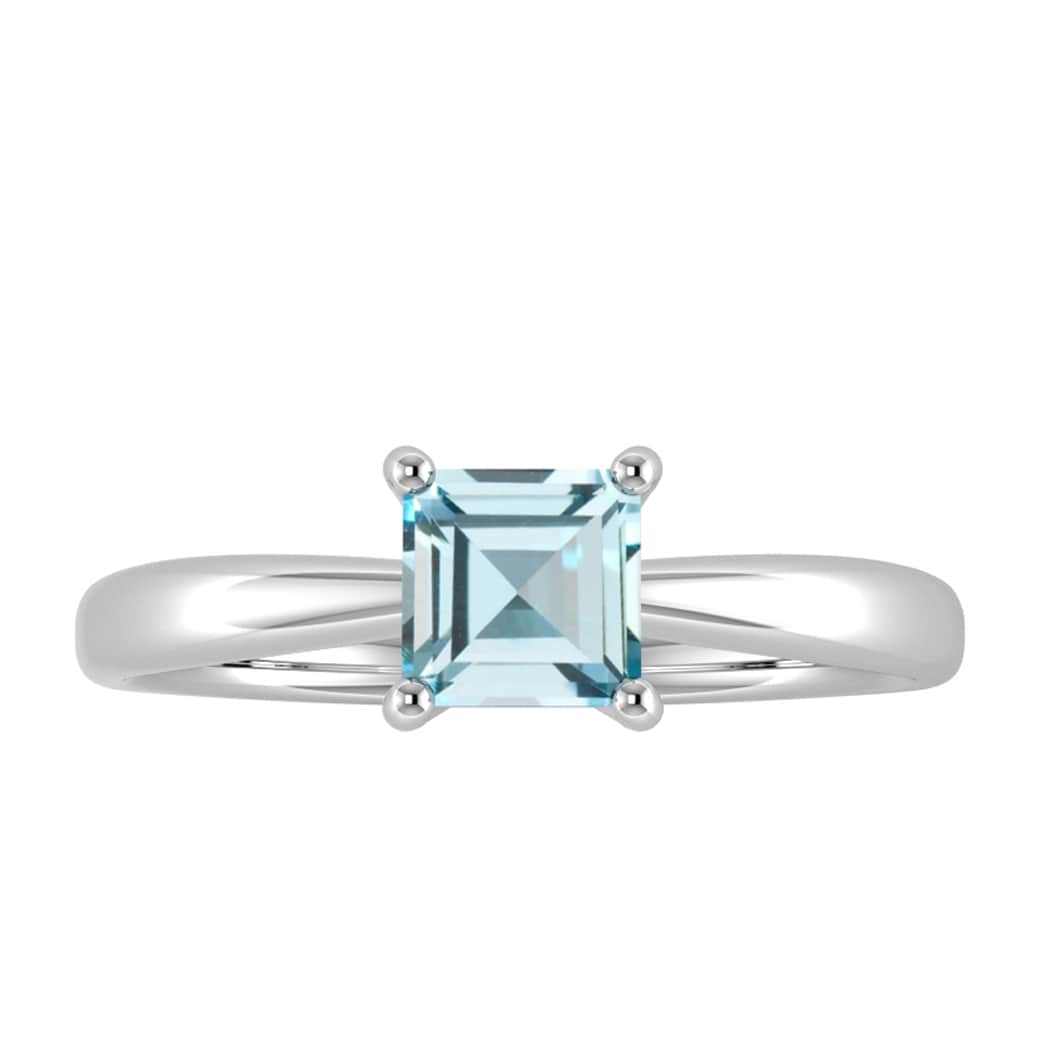 9ct White Gold 4 Claw Square Aquamarine 5mm x 5mm Ring- Ring Size Q.5