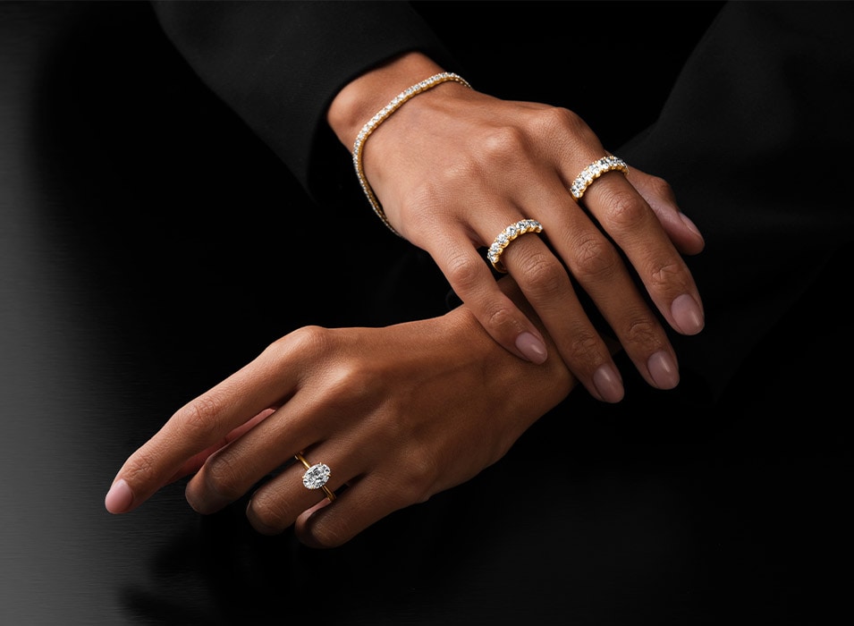 Model wearing Goldsmiths Lab-Grown Diamond jewellery.