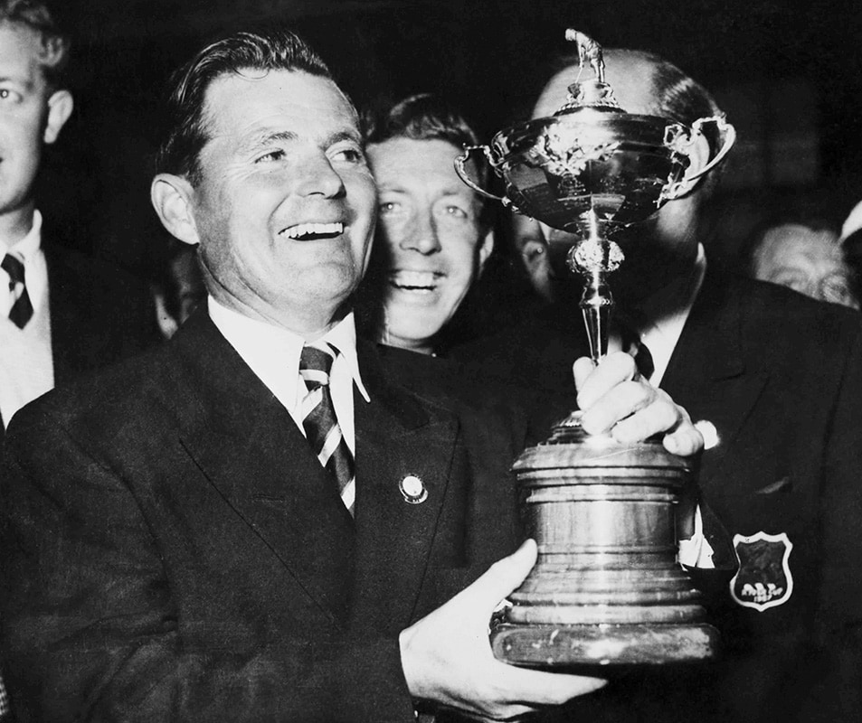 Dai Rees holding the original Ryder Cup trophy
