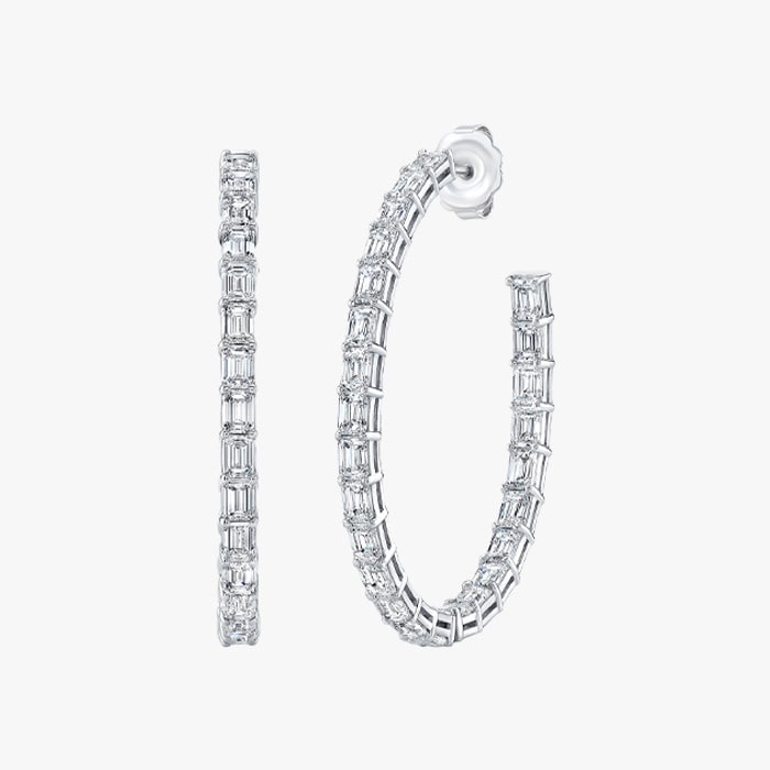 Uneek 18k White Gold Emerald Cut Diamond Hoop Earrings