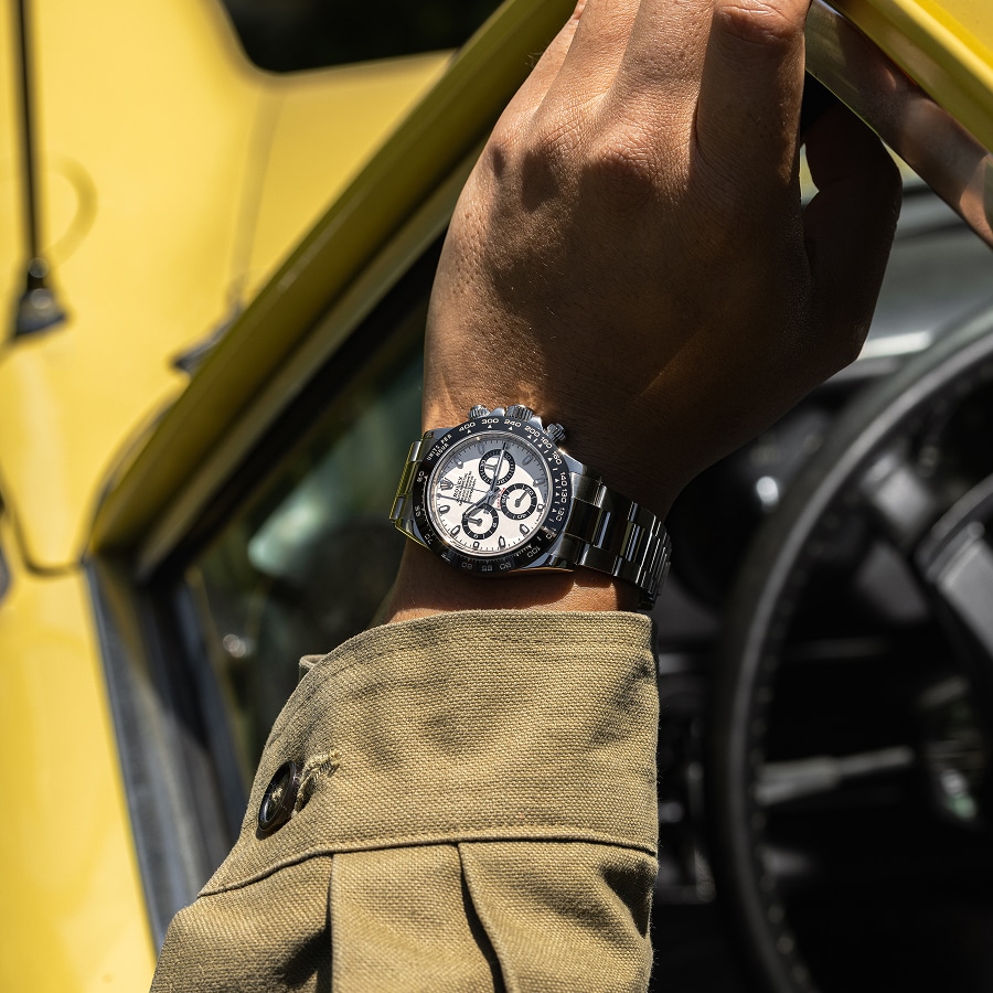 Close up of Cosmograph Daytona watch on a mans wrist