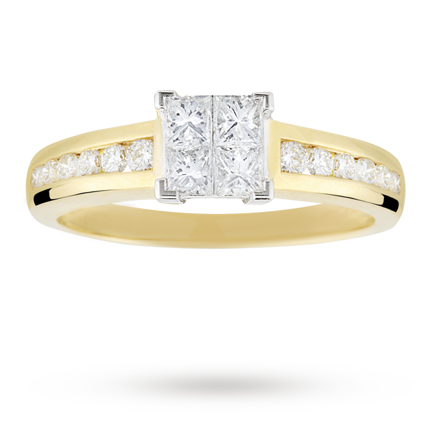 Goldsmiths Princess Cut 0.75 Total Carat Weight Cluster And Diamond Set Shoulders Ring In 18 Carat Yellow Gold