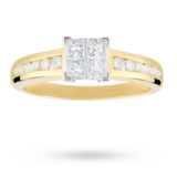 Goldsmiths Princess Cut 0.75 Total Carat Weight Cluster And Diamond Set Shoulders Ring In 18 Carat Yellow Gold