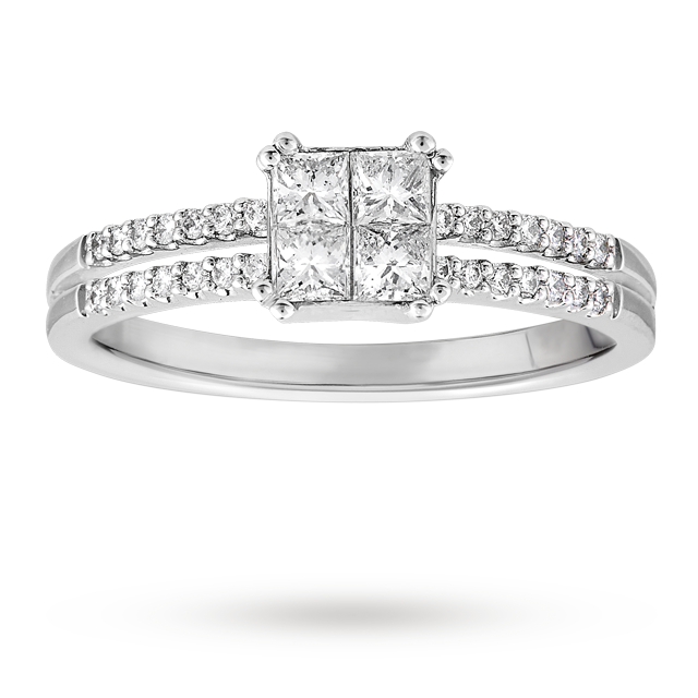 Goldsmiths Princess Cut 0.55 Total Carat Weight Cluster And Diamond Set Shoulders Ring Set In 18 Carat White Gold
