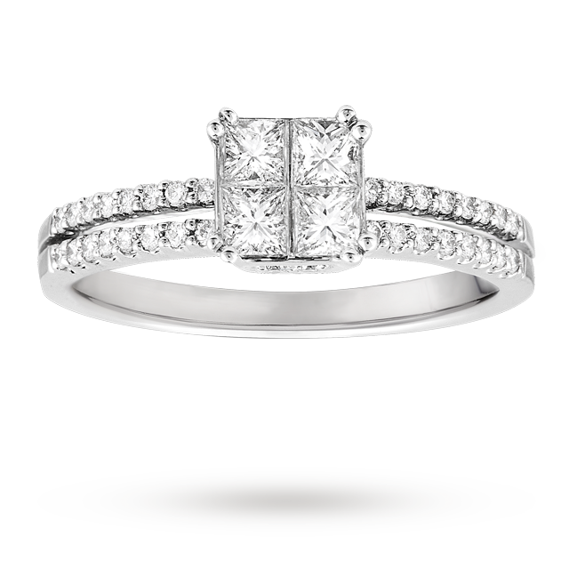 Goldsmiths Princess Cut 0.75 Total Carat Weight Cluster And Diamond Set Shoulders Ring Set In 18 Carat White Gold