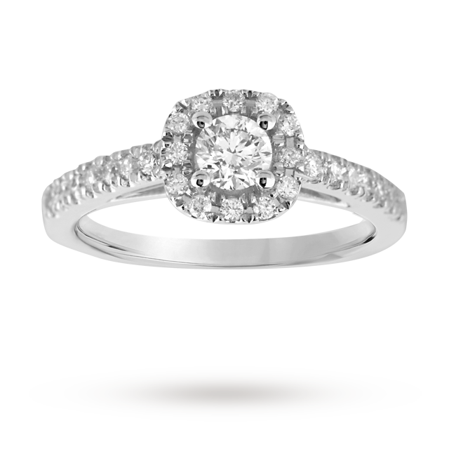 Goldsmiths Brilliant Cut 0.65 Total Carat Weight Diamond Halo Ring With Diamond Set Shoulders In 18 Carat White Gold