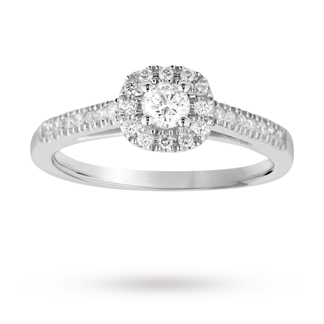 Goldsmiths Brilliant Cut 0.40 Total Carat Weight Diamond Halo Ring With Diamond Set Shoulders In 18 Carat White Gold