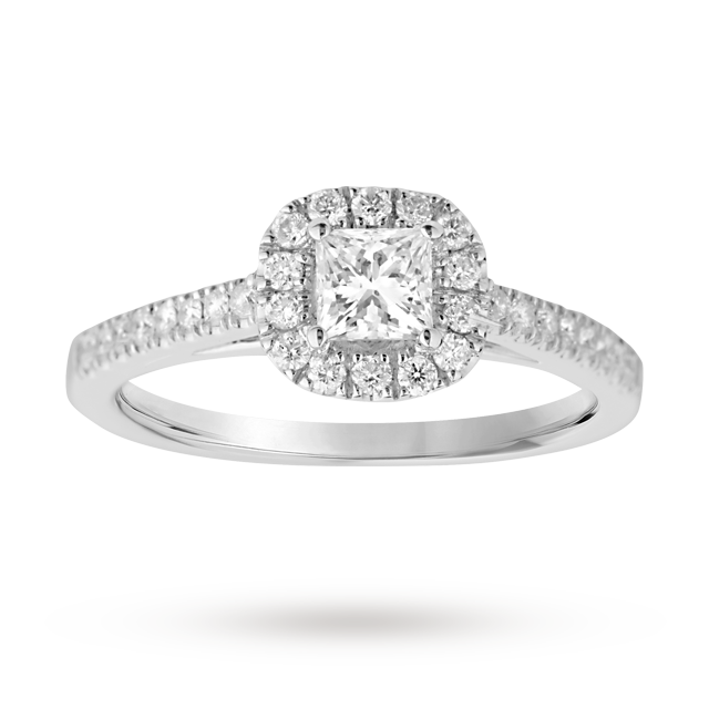 Goldsmiths Princess Cut 0.65 Total Carat Weight Diamond Halo Ring With Diamond Set Shoulders In 18 Carat White Gold