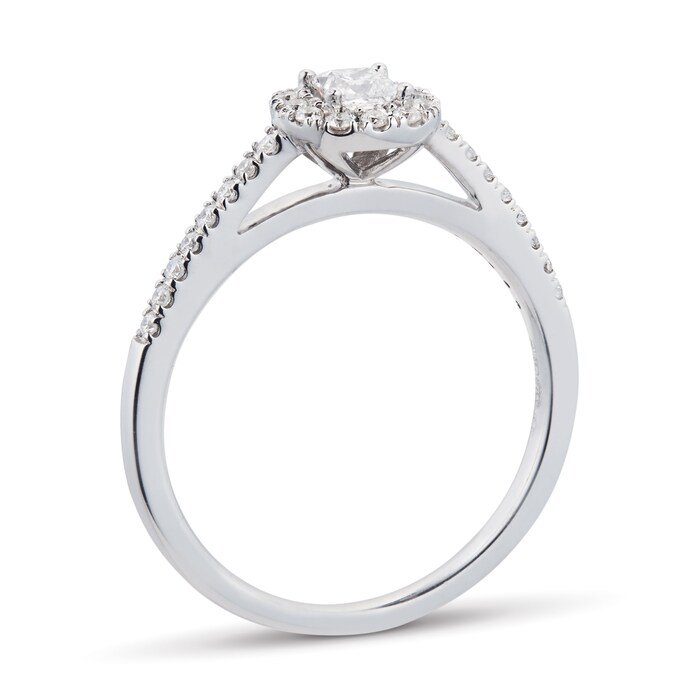 Goldsmiths Princess Cut 0.40 Total Carat Weight Diamond Halo Ring With Diamond Set Shoulders In 18 Carat White Gold