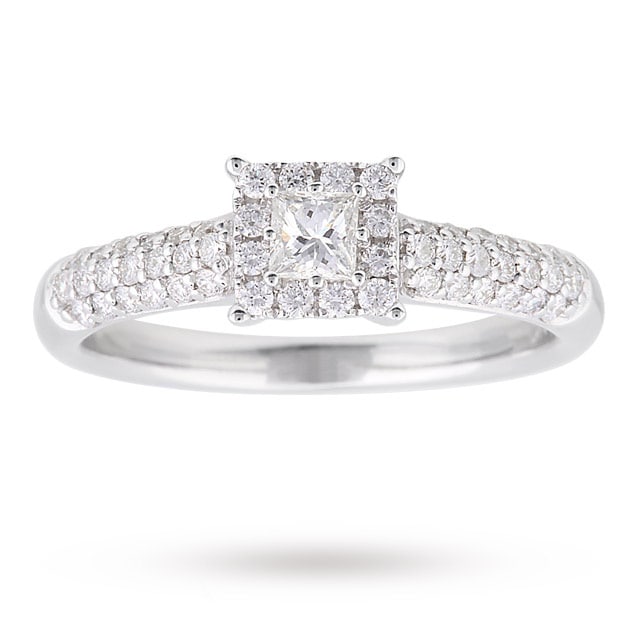 Goldsmiths Princess Cut 0.47 Carat Total Weight Diamond Solitaire Ring With Diamond Set Shoulders In 9 Carat White Gold - Ring Size S