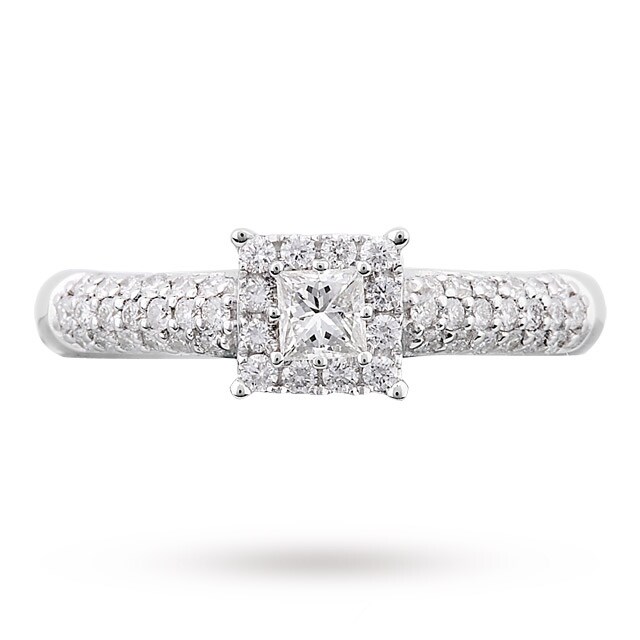 Goldsmiths Princess Cut 0.47 Carat Total Weight Diamond Solitaire Ring With Diamond Set Shoulders In 9 Carat White Gold - Ring Size S