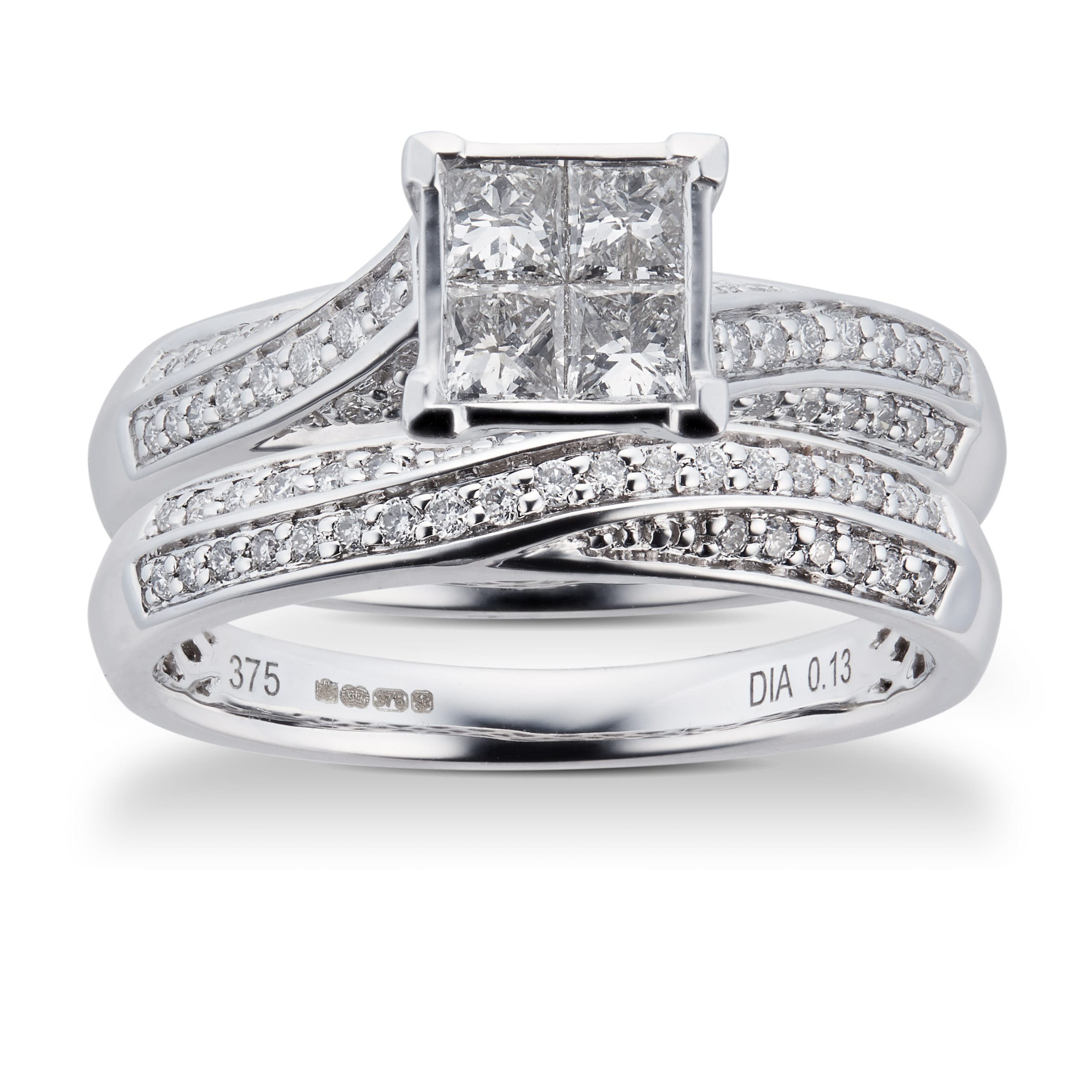 Click to view product details and reviews for Princess And Brilliant Cut 076 Carat Total Weight Diamond Bridal Set In 9 Carat White Gold Ring Size J.