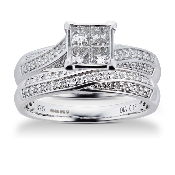 Goldsmiths Princess And Brilliant Cut 0.76 Carat Total Weight Diamond Bridal Set In 9 Carat White Gold - Ring Size K