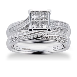 Goldsmiths Princess And Brilliant Cut 0.76 Carat Total Weight Diamond Bridal Set In 9 Carat White Gold
