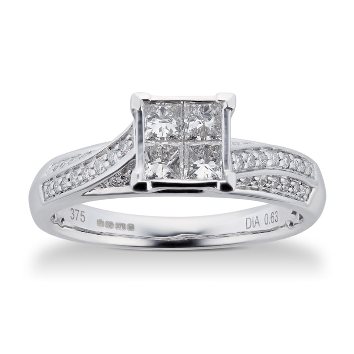 Goldsmiths Princess And Brilliant Cut 0.76 Carat Total Weight Diamond Bridal Set In 9 Carat White Gold