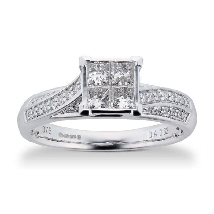 Goldsmiths Princess And Brilliant Cut 0.76 Carat Total Weight Diamond Bridal Set In 9 Carat White Gold - Ring Size K