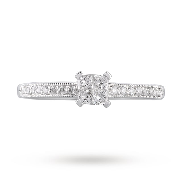Goldsmiths Princess Cut 0.30 Carat Total Weight Diamond Cluster Ring With Diamond Set Shoulders In 9 Carat White Gold