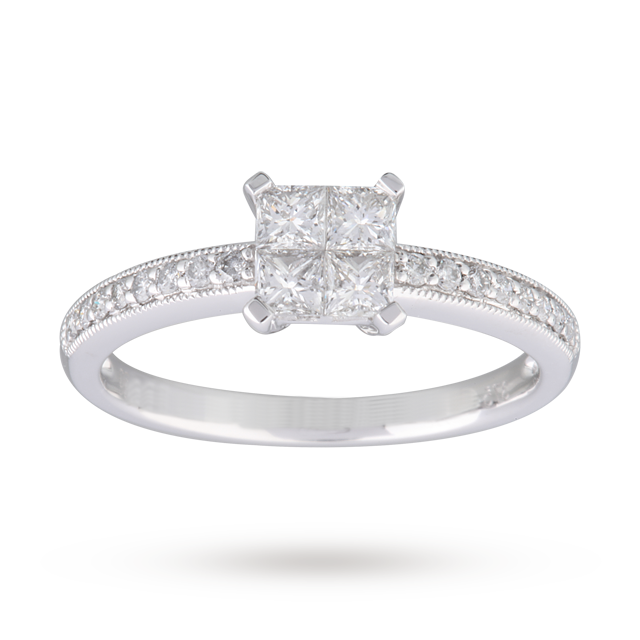 Goldsmiths Princess Cut 0.60 Carat Total Weight Diamond Cluster Ring With Diamond Set Shoulders In 9 Carat White Gold