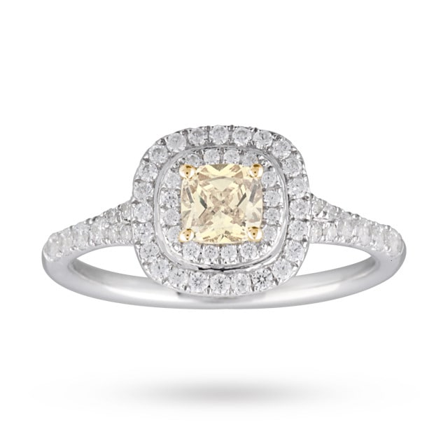 Goldsmiths 0.92ct Fancy Yellow Diamond With Diamond Halo Surround Set Ring In 18 Carat White Gold