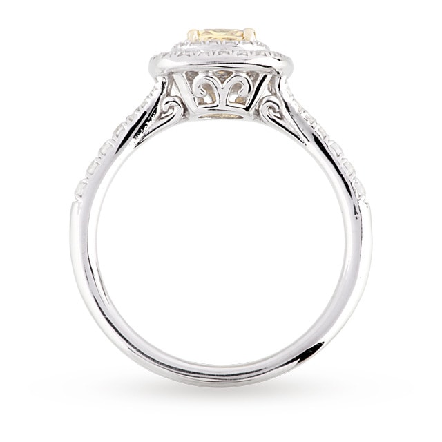 Goldsmiths 0.92ct Fancy Yellow Diamond With Diamond Halo Surround Set Ring In 18 Carat White Gold