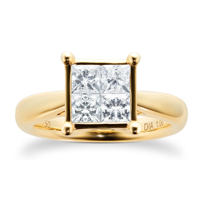 Goldsmiths Princess Cut 1.00 Carat Total Weight Invisible Set Diamond Ring Set In 18 Carat Yellow Gold