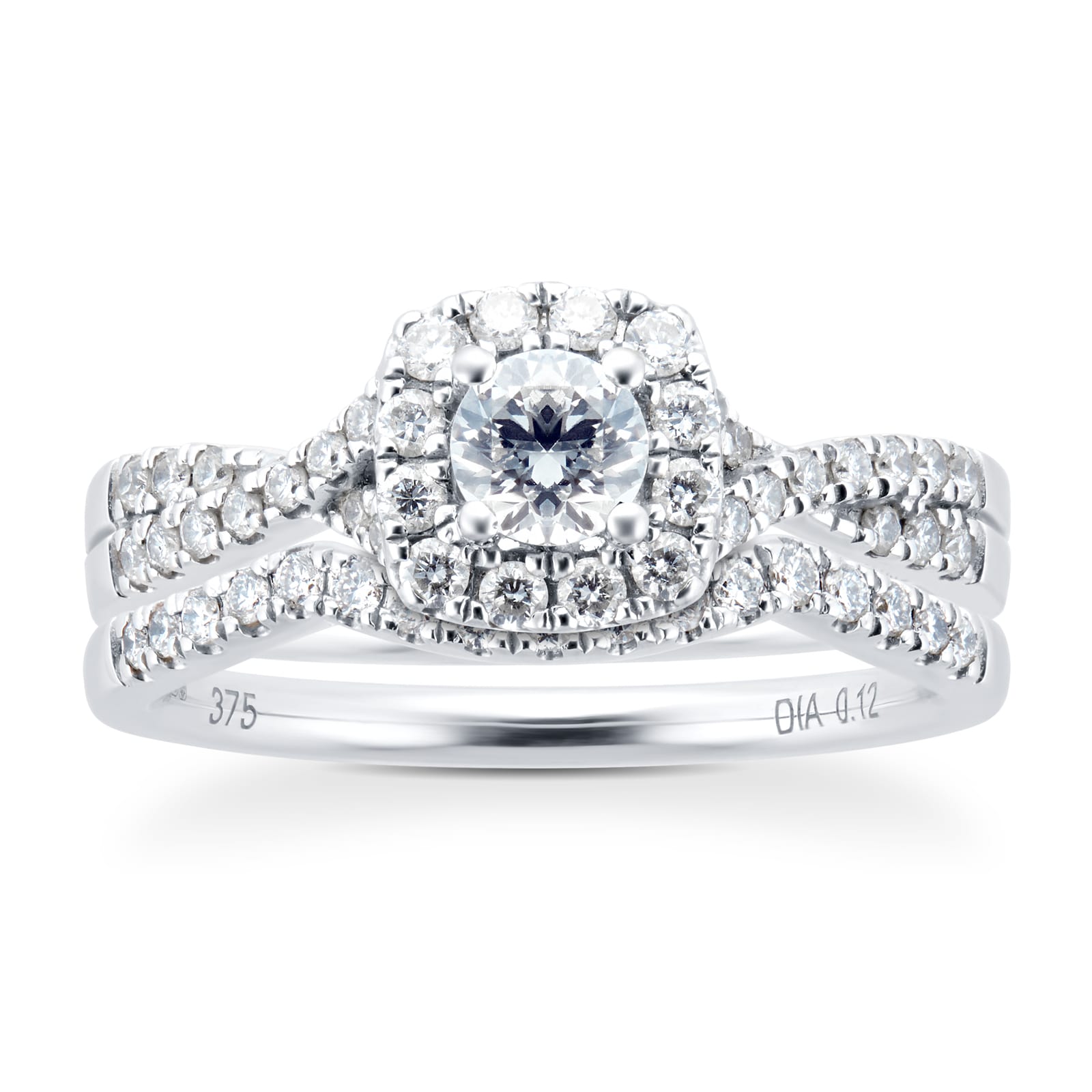 9ct White Gold Diamond Halo Bridal Set - Ring Size N