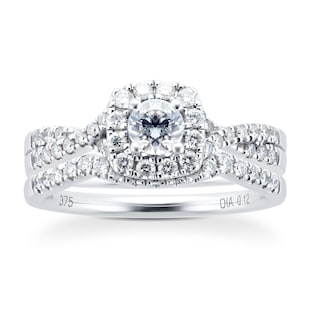 Goldsmiths 9ct White Gold Diamond Halo Bridal Set