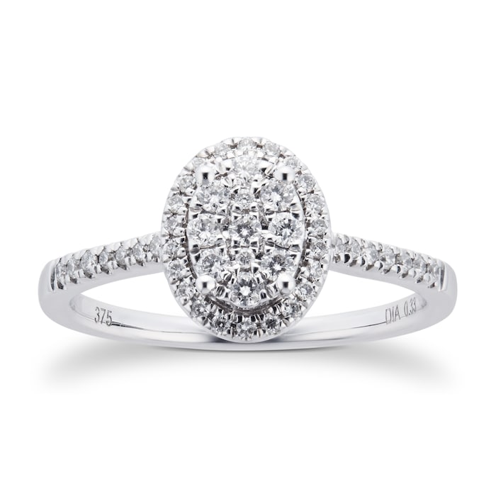Goldsmiths 9ct White Gold 0.33ct Diamond Multi Stone Halo Oval Cut Ring - Ring Size L