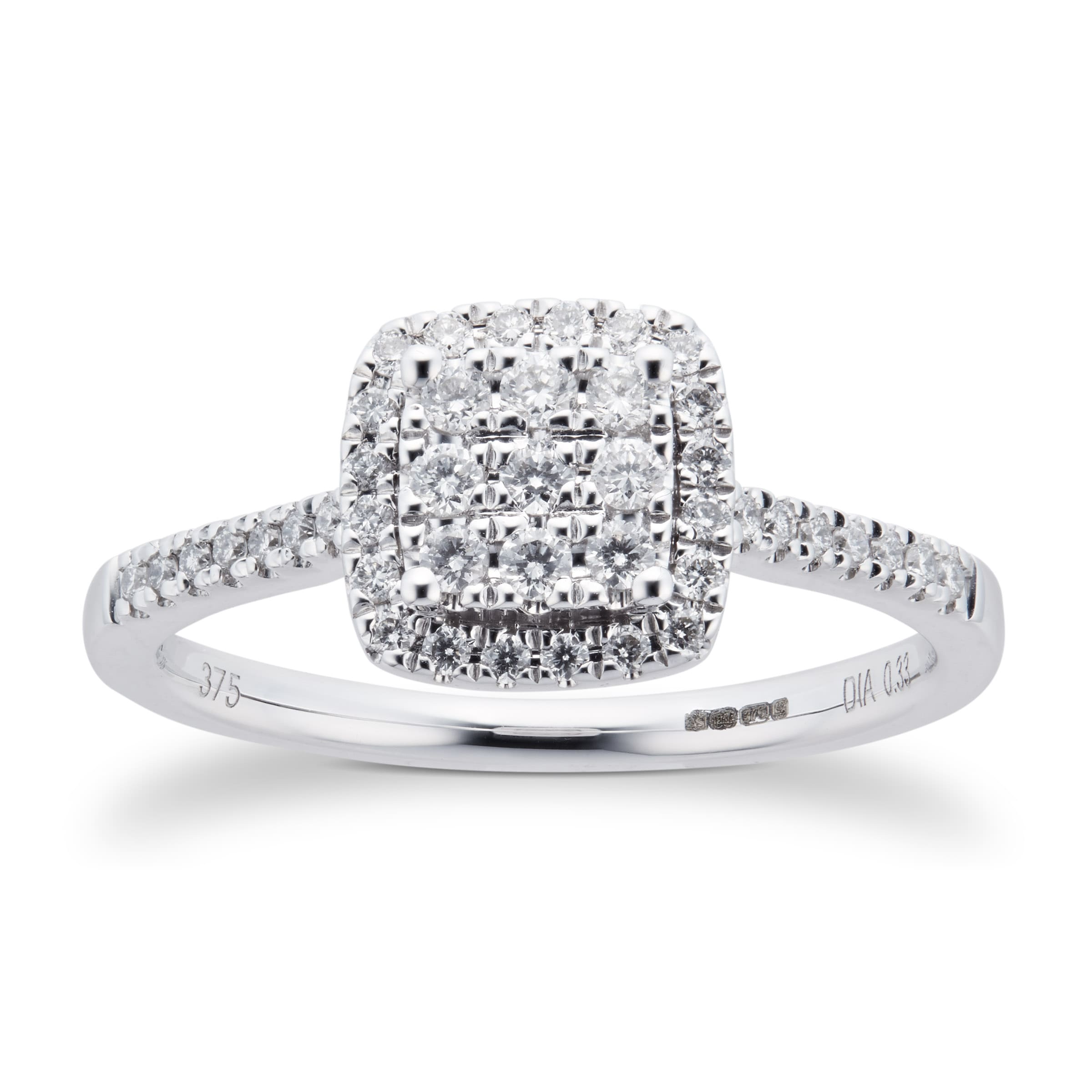 9ct White Gold Diamond Multi Stone Halo Cushion Cut Ring - Ring Size J