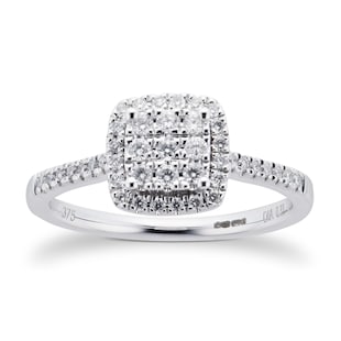 Goldsmiths 9ct White Gold Diamond Multi Stone Halo Cushion Cut Ring