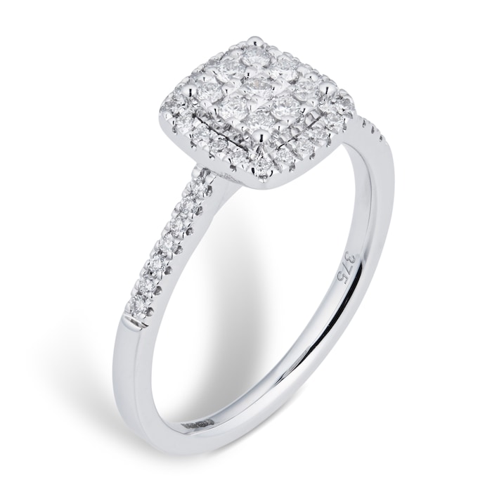 Goldsmiths 9ct White Gold Diamond Multi Stone Halo Cushion Cut Ring - Ring Size J