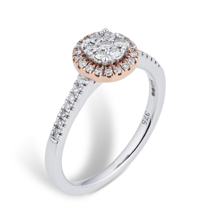 Goldsmiths 9ct White Gold Diamond Multi Stone Halo Round Cut Ring - Ring Size K