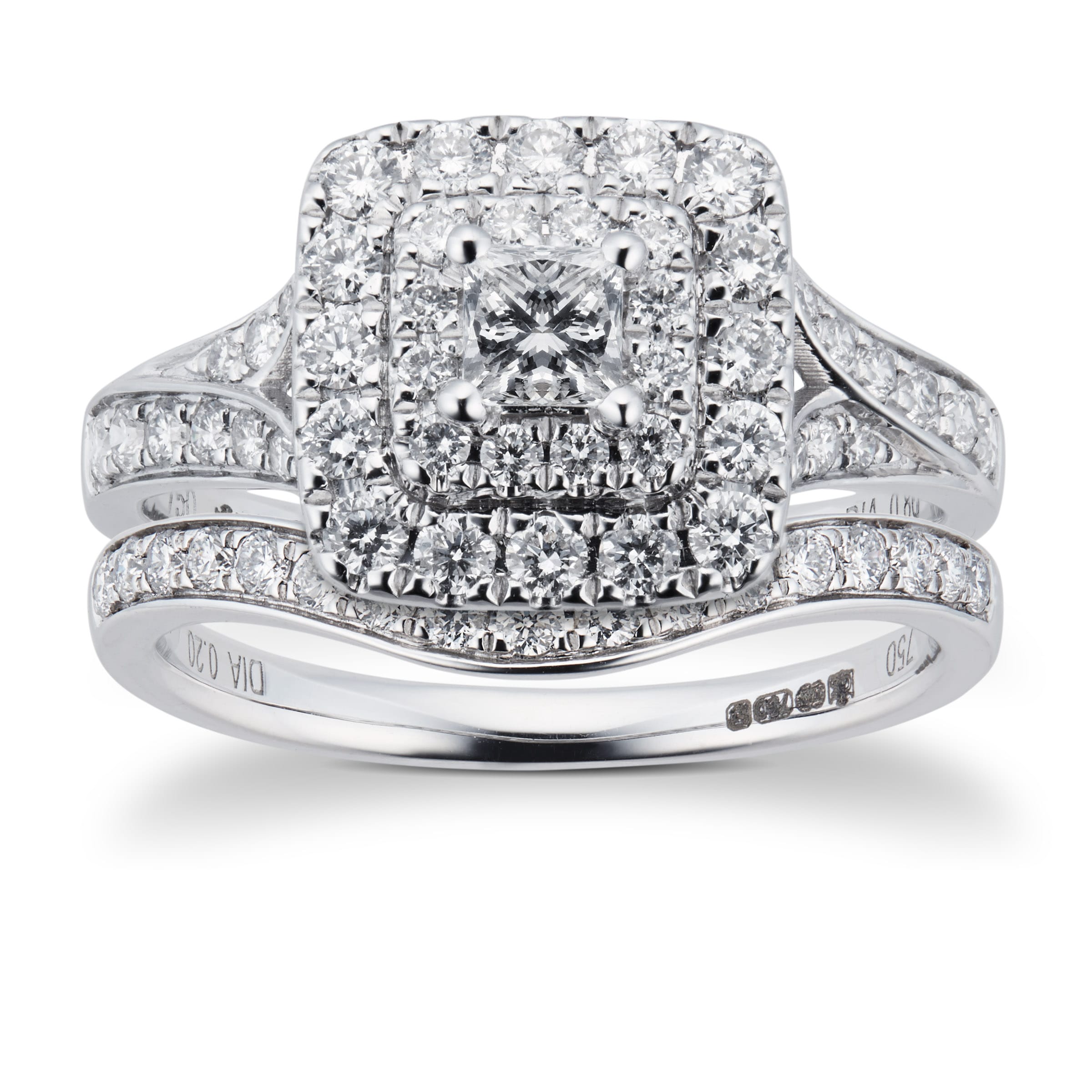 18ct White Gold Princess Cut 1.00cttw Diamond Bridal Set - Ring Size J