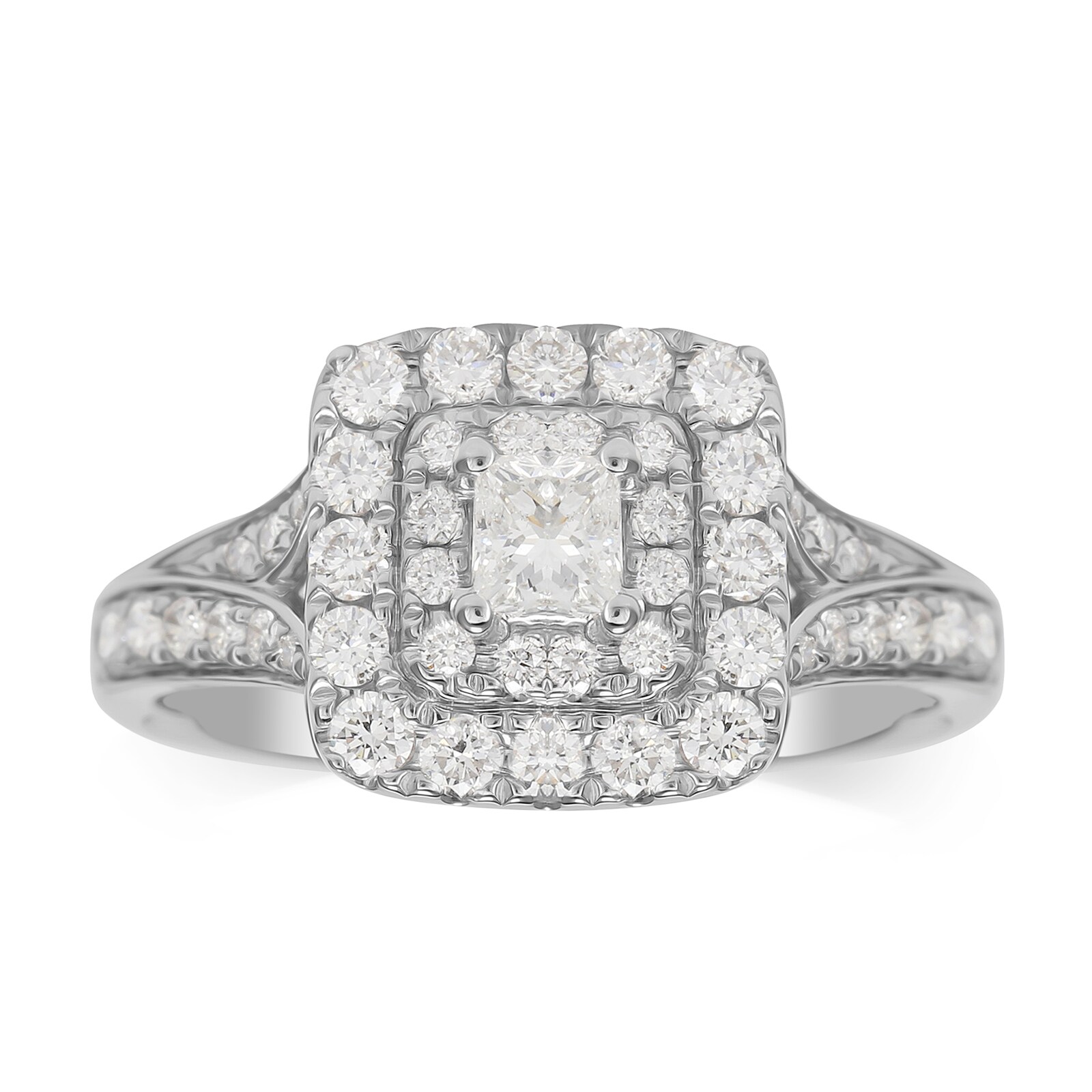 jenny-d-stunning18 Goldsmiths 18ct White Gold Princess Cut 0.80cttw Double Halo Ring  ZA3143DS18KWENG | Goldsmiths