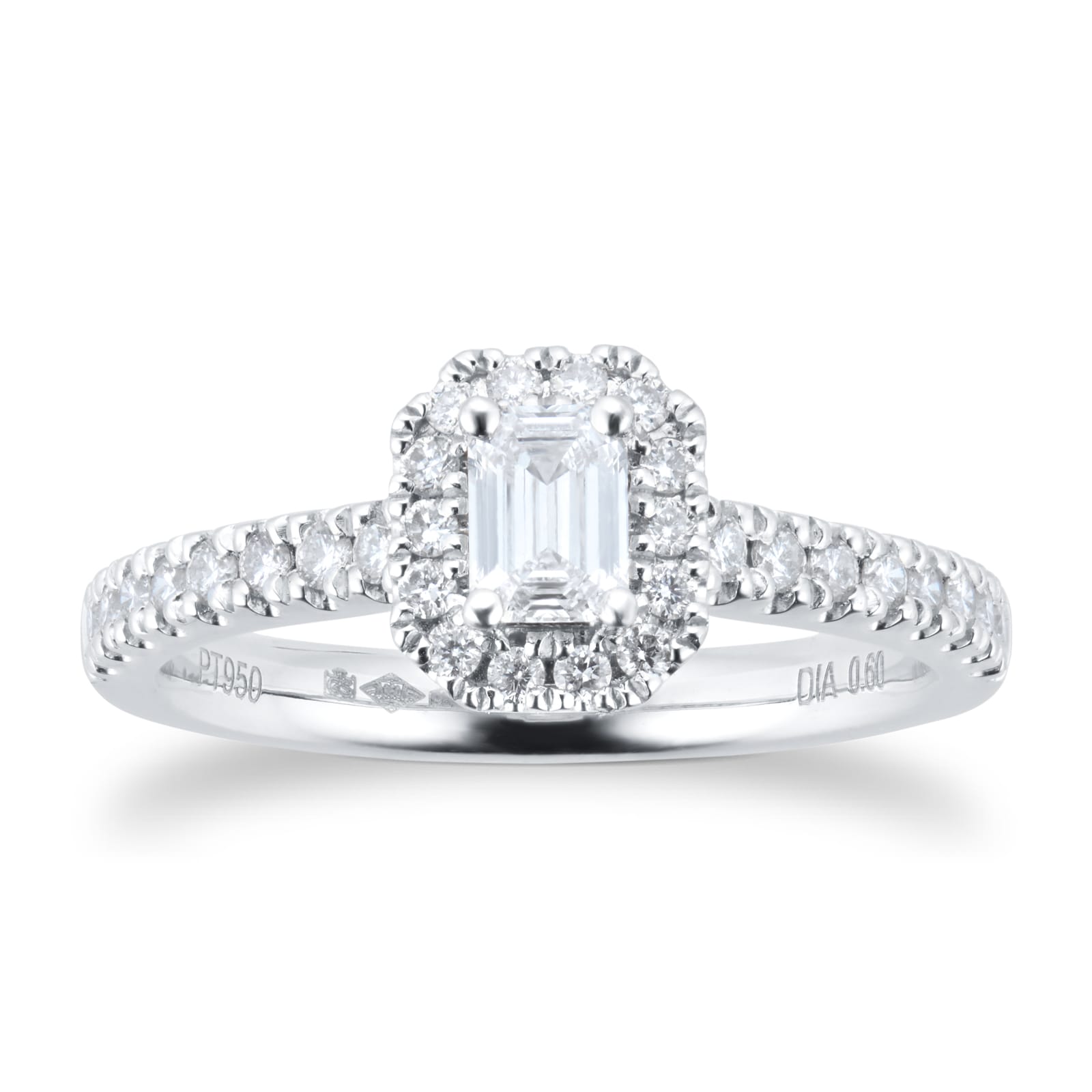 Platinum 0.60ct Diamond Emerald Cut Halo Engagement Ring - Ring Size P