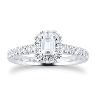 Goldsmiths Platinum 0.60ct Diamond Emerald Cut Halo Engagement Ring