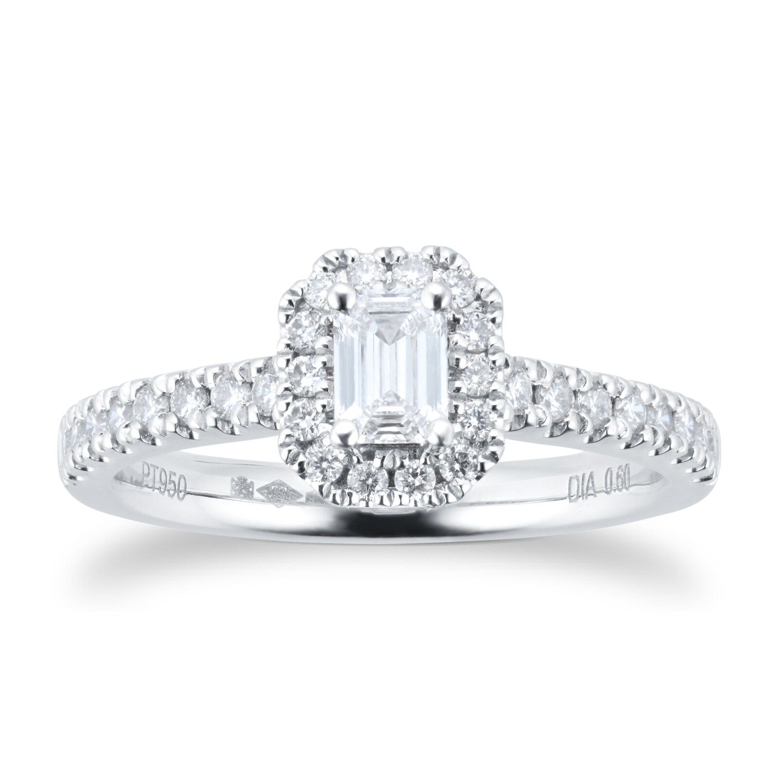 Goldsmiths Platinum 0.60ct Diamond Emerald Cut Halo Engagement Ring ...