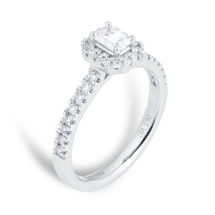 Goldsmiths Platinum 0.60ct Diamond Emerald Cut Halo Engagement Ring