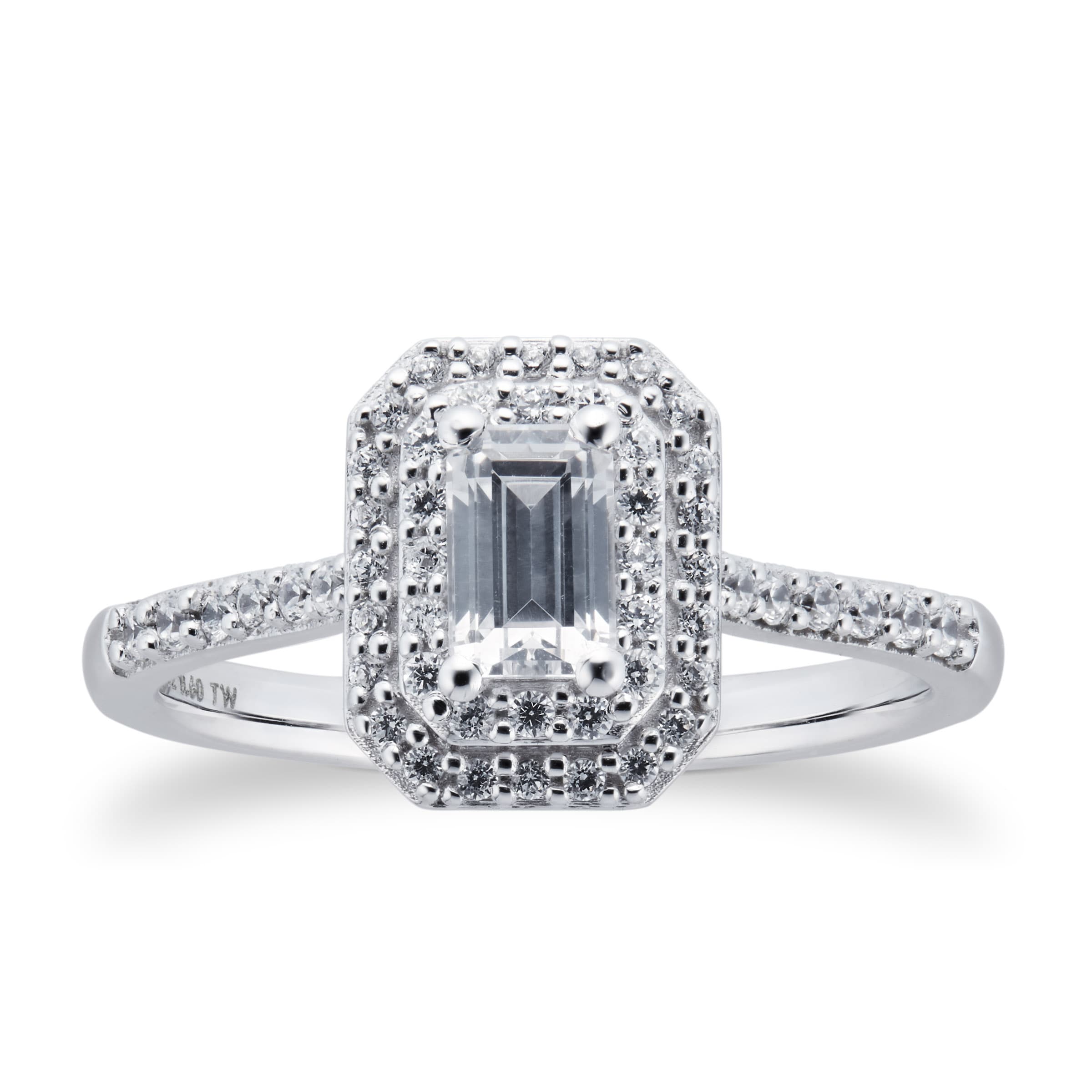 18ct White Gold 0.60cttw Diamond Emerald Cut Double Halo Ring