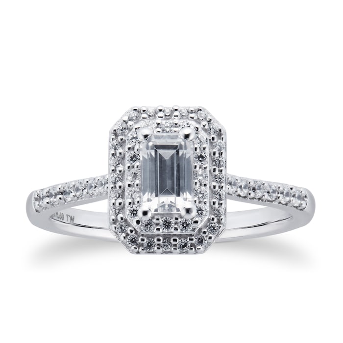 Goldsmiths 18ct White Gold 0.60cttw Diamond Emerald Cut Double Halo Ring