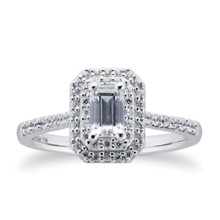 Goldsmiths 18ct White Gold 0.60cttw Diamond Emerald Cut Double Halo Ring